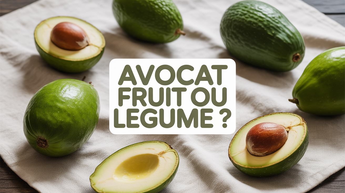 avocats entiers et coupes sur nappe claire avec texte avocat fruit ou legume