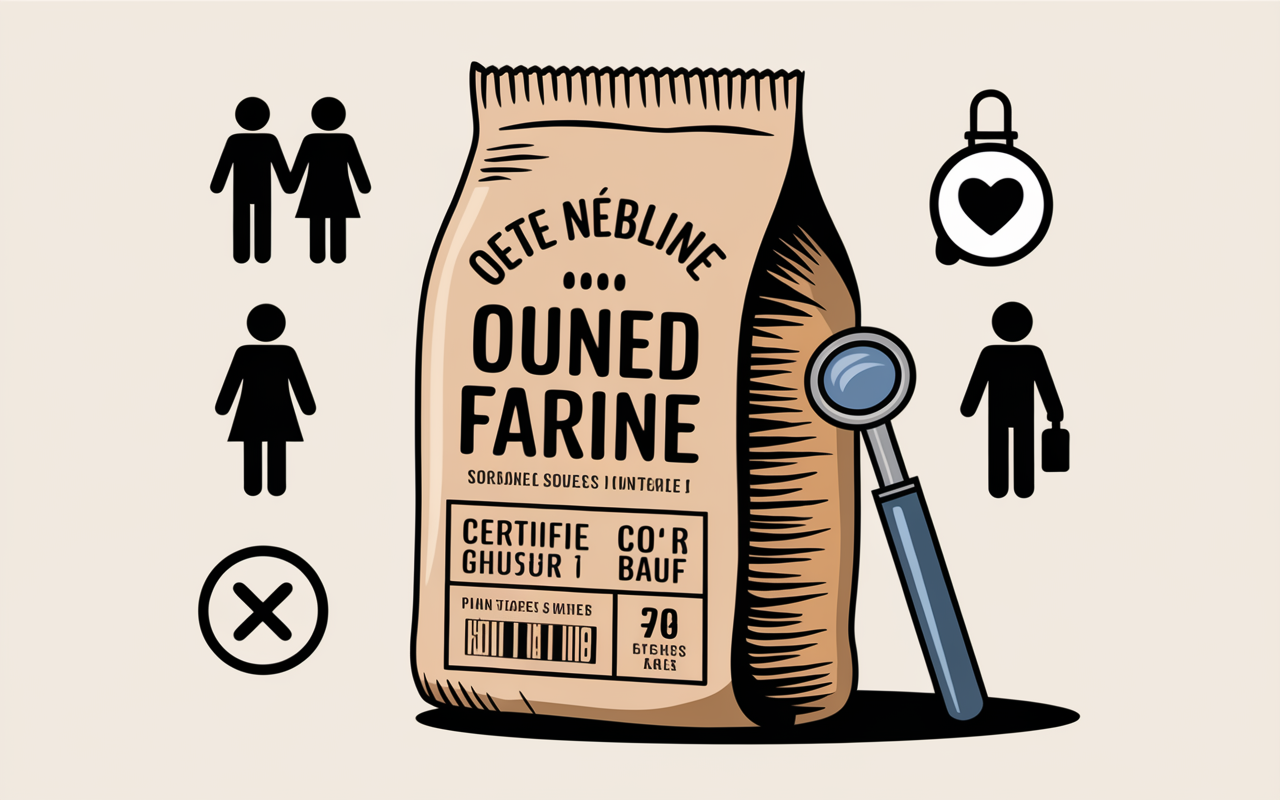 Sac farine d'avoine sans gluten avec labels et pictos famille