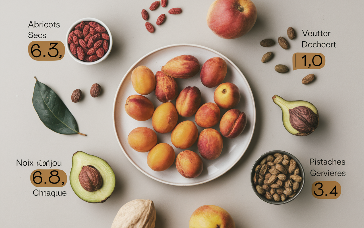 Plateau illustratif de fruits secs riches en fer chiffres