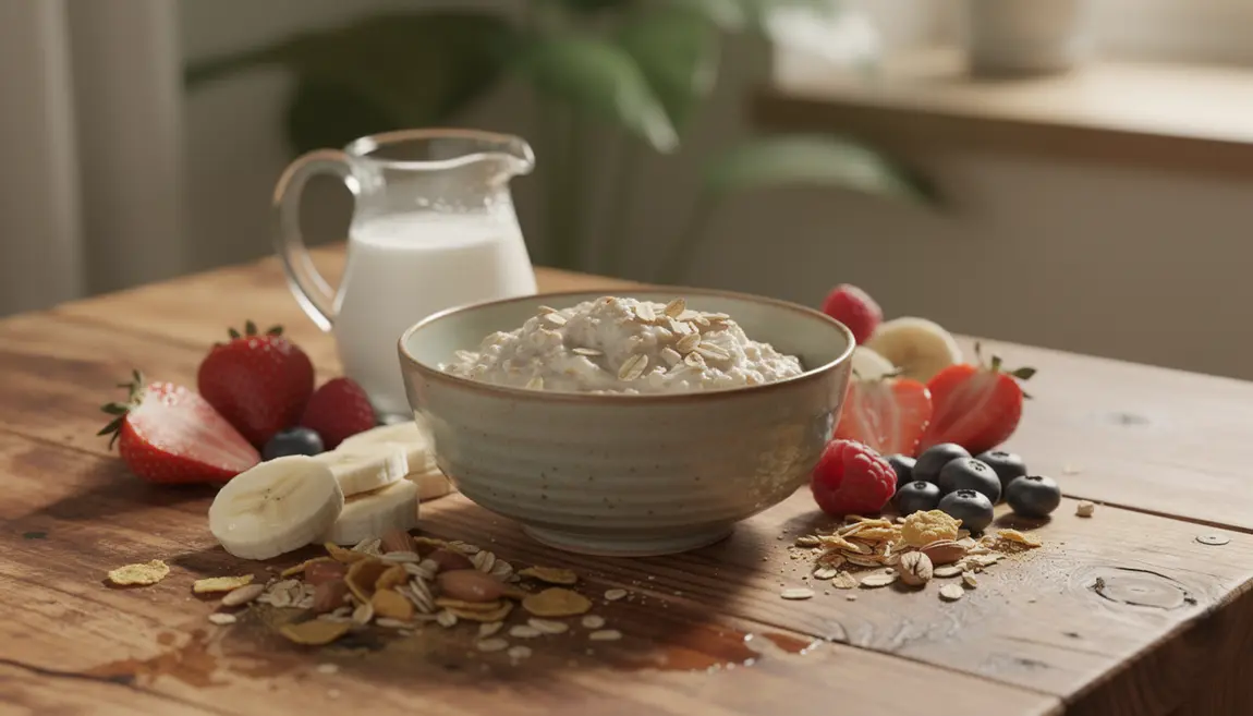 Bol de flocons d’avoine sain avec fruits et lait