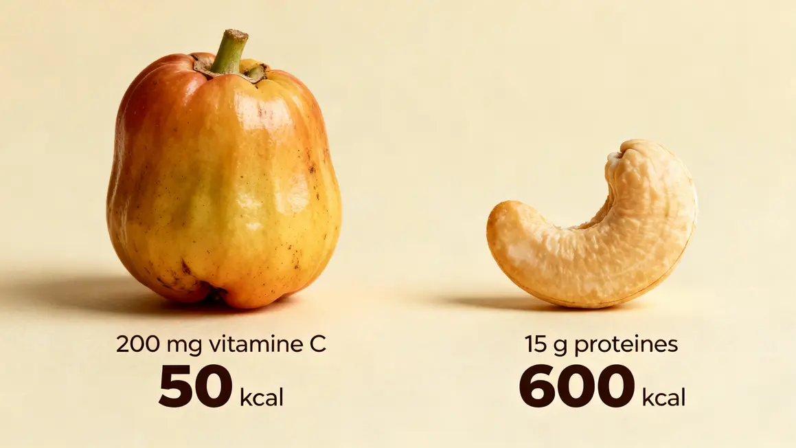 Tableau pomme de cajou 50 kcal vitamine C et noix de cajou 600 kcal protéines