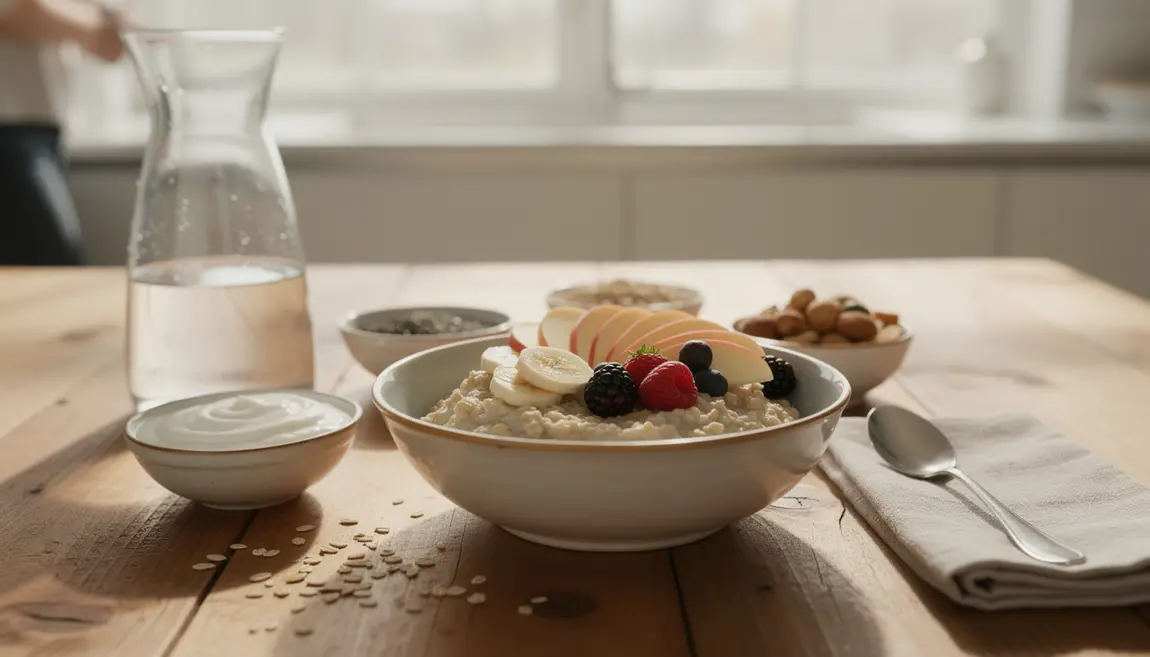 bol flocons d'avoine proteines sur table cuisine