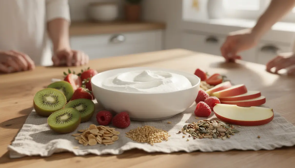 fromage blanc nature bol fruits frais graines petits dejeuner