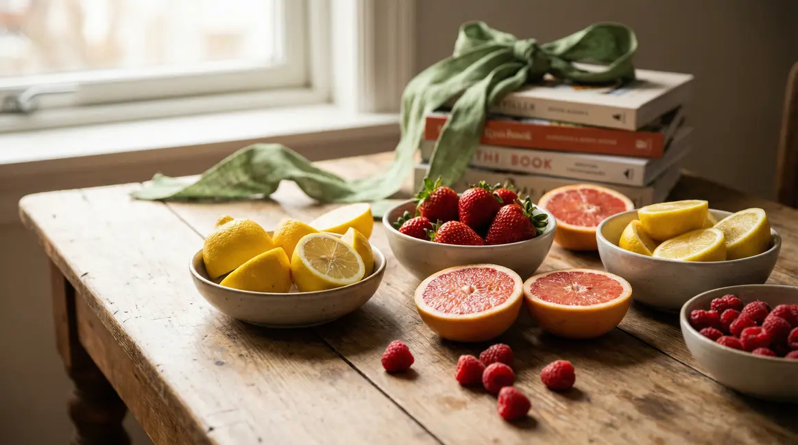 Assortiment de fruits peu sucrés sur table bois citron fraise