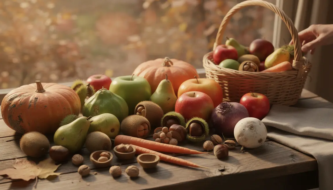 Fruits et légumes d'automne : pommes, poires, châtaignes, courges sur table bois