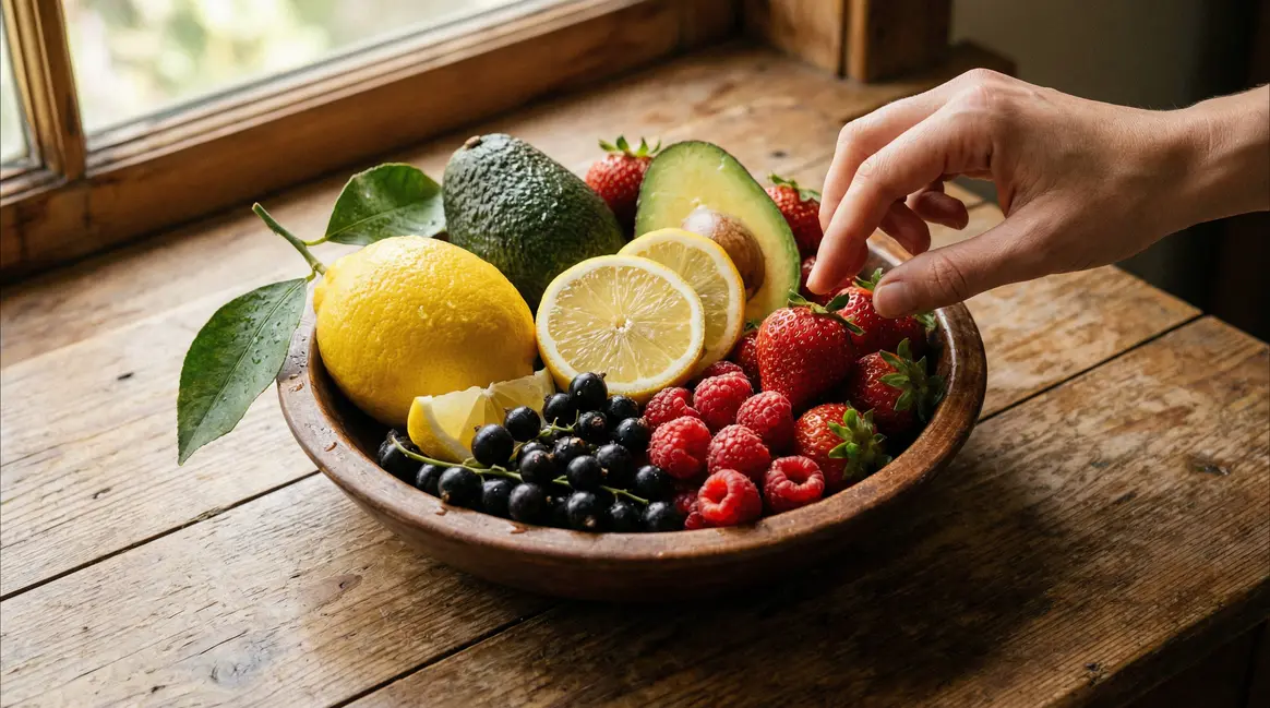Corbeille de fruits frais peu sucrés citron avocat fraises framboises cassis