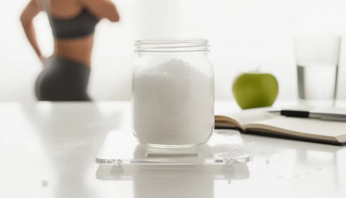 Flacon glycine cristallisée sur balance avec objets nutritionnels