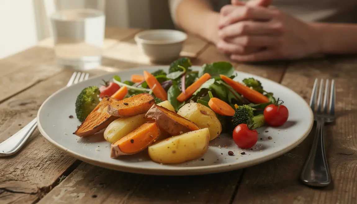 Assiette saine patate douce et pommes de terre nutrition