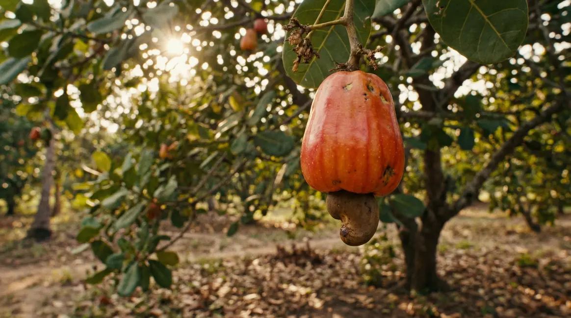 Pomme de cajou rouge-orange et noix attachée sous un anacardier
