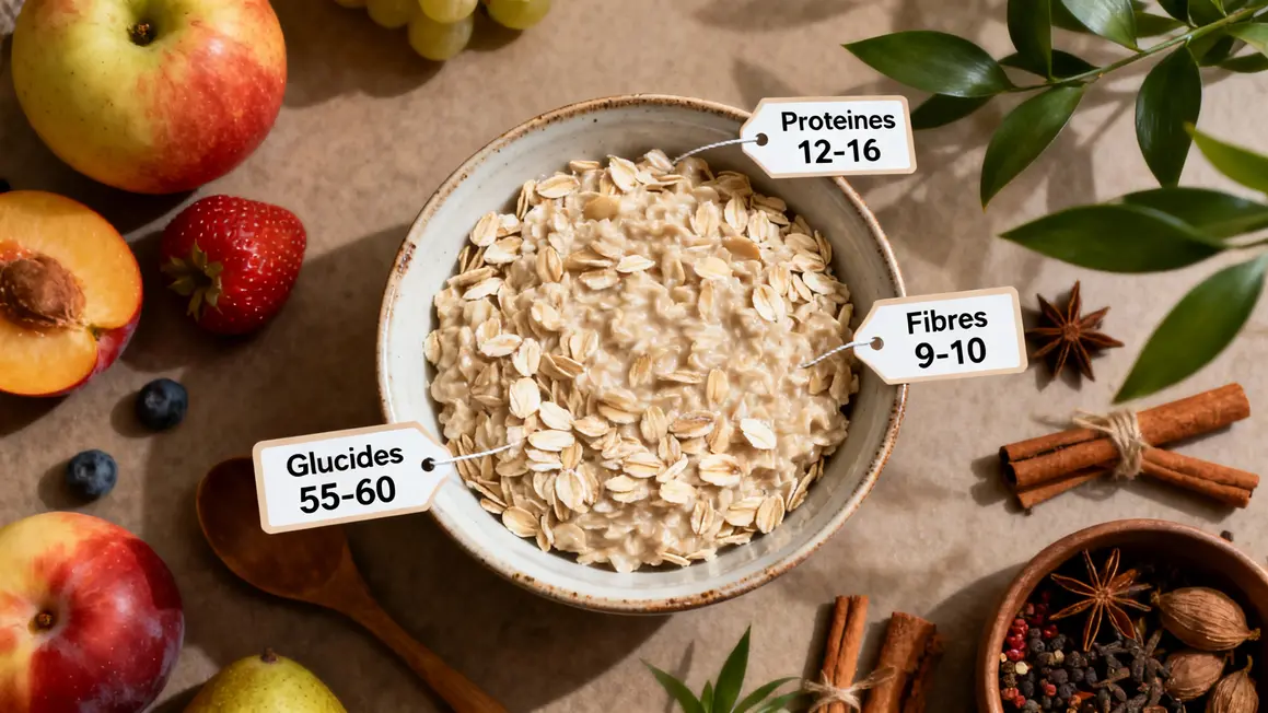 Tableau valeurs nutritionnelles flocons d'avoine bol et étiquettes