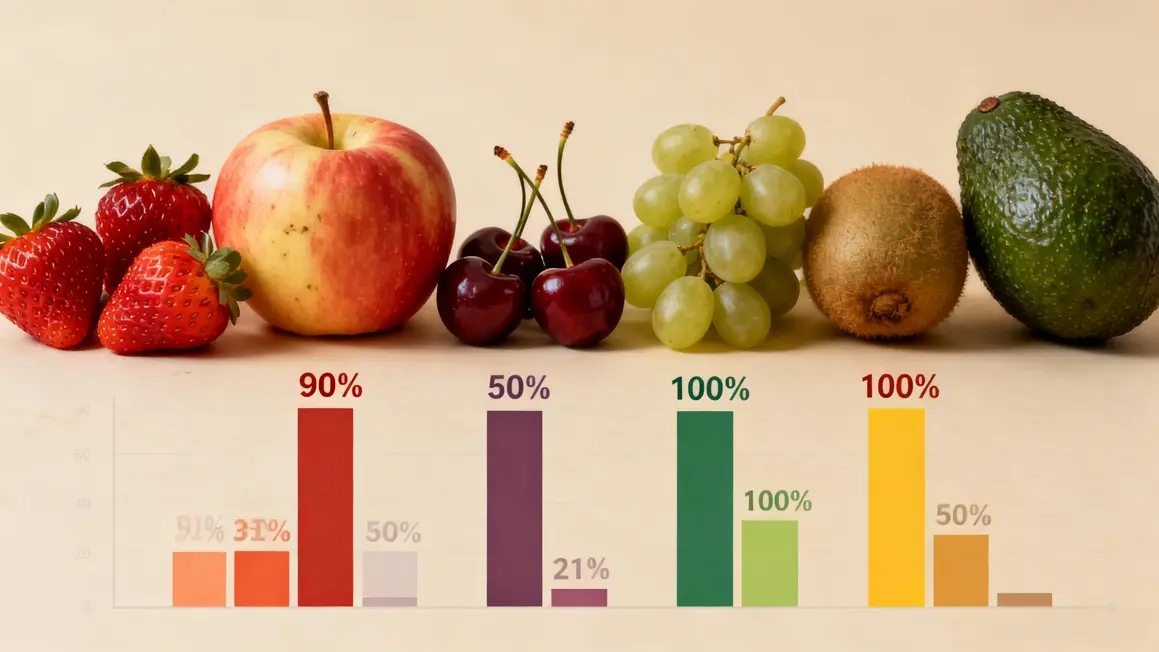 Fruits alignés avec barre taux contamination pesticides élevé