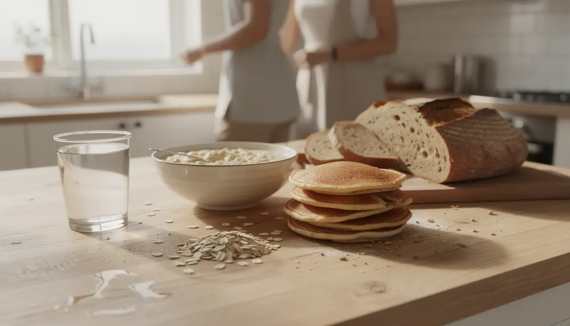 Scène cuisine avec farine de flocons d’avoine, porridge et pancakes