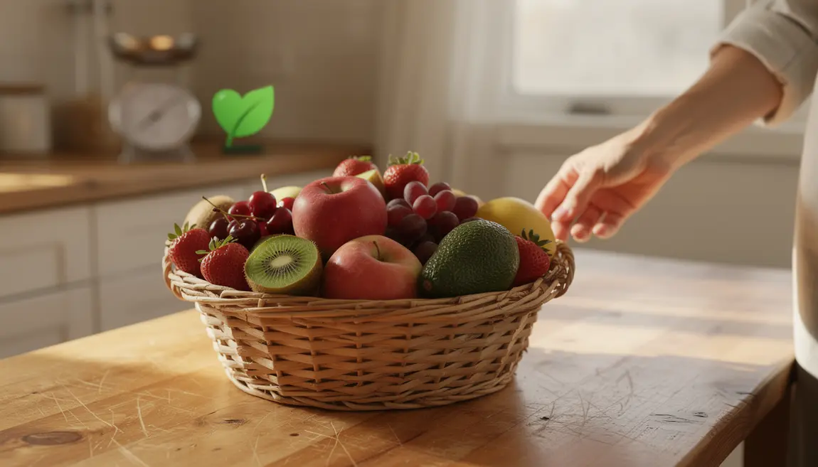 Panier de fruits variés avec icone santé et balance, prévention pesticides