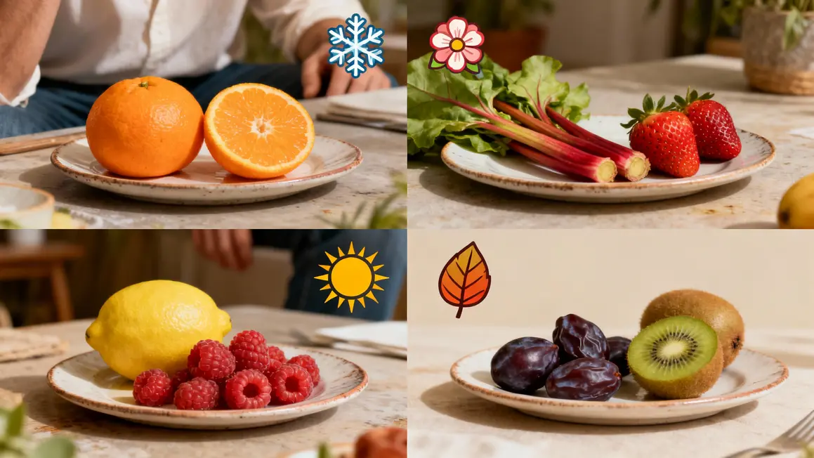Fruits peu sucrés par saison sur assiette avec icônes