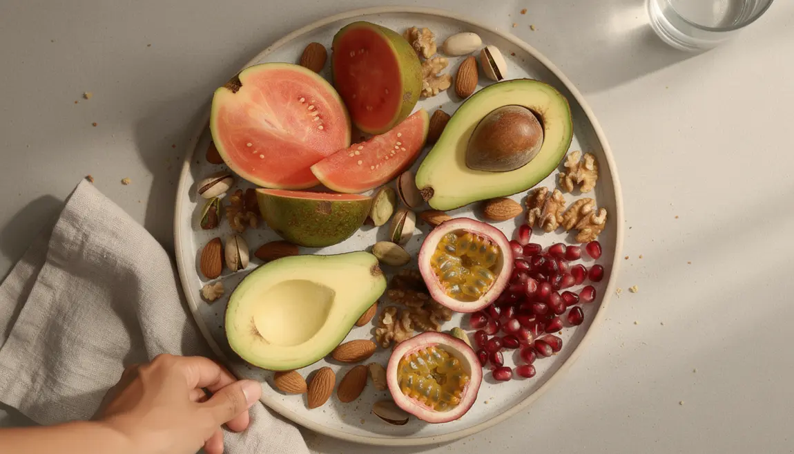 Assiette de fruits riches en protéines et oléagineux vue du dessus