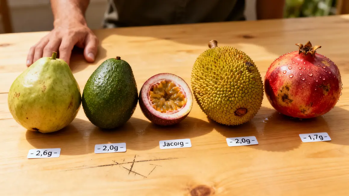 Fruits frais riches en protéines goyave avocat grenade sur table