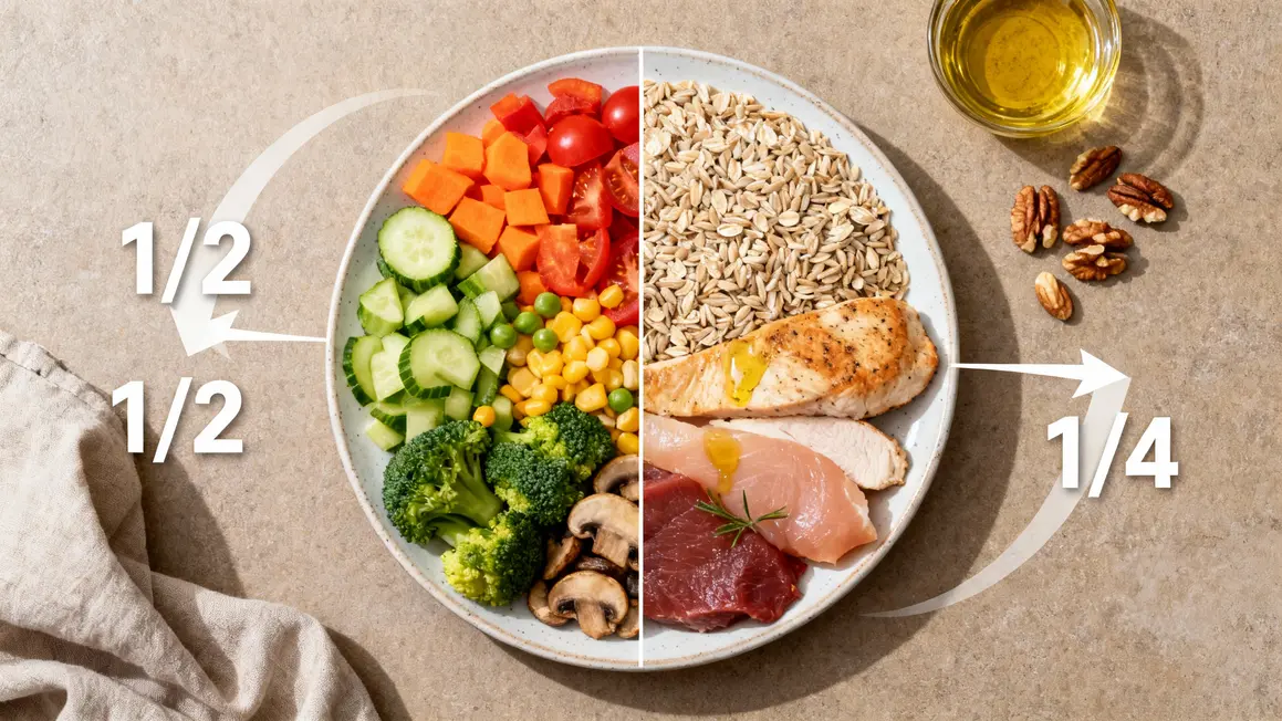 méthode de l'assiette équilibrée glucides protéines lipides vue du dessus