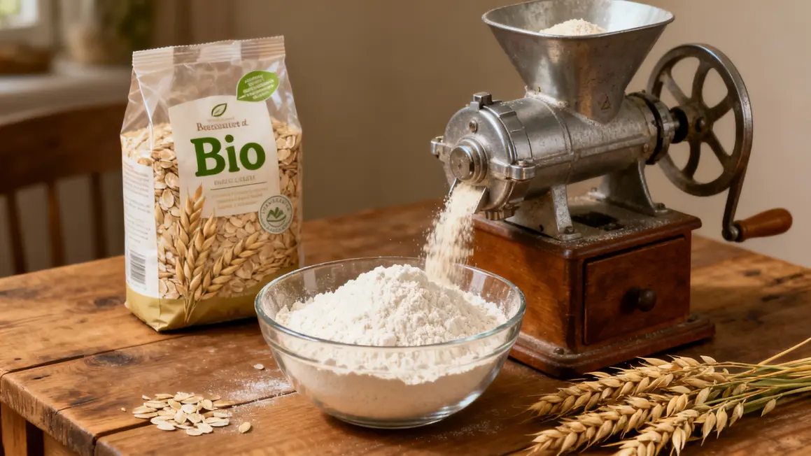 Sachet flocons d’avoine, moulin, farine bio sur table bois