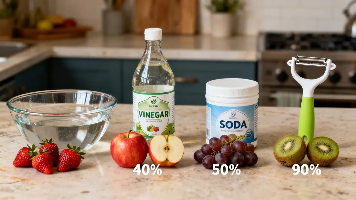 Ustensiles et fruits méthodes réduction pesticides, pourcentages visuels
