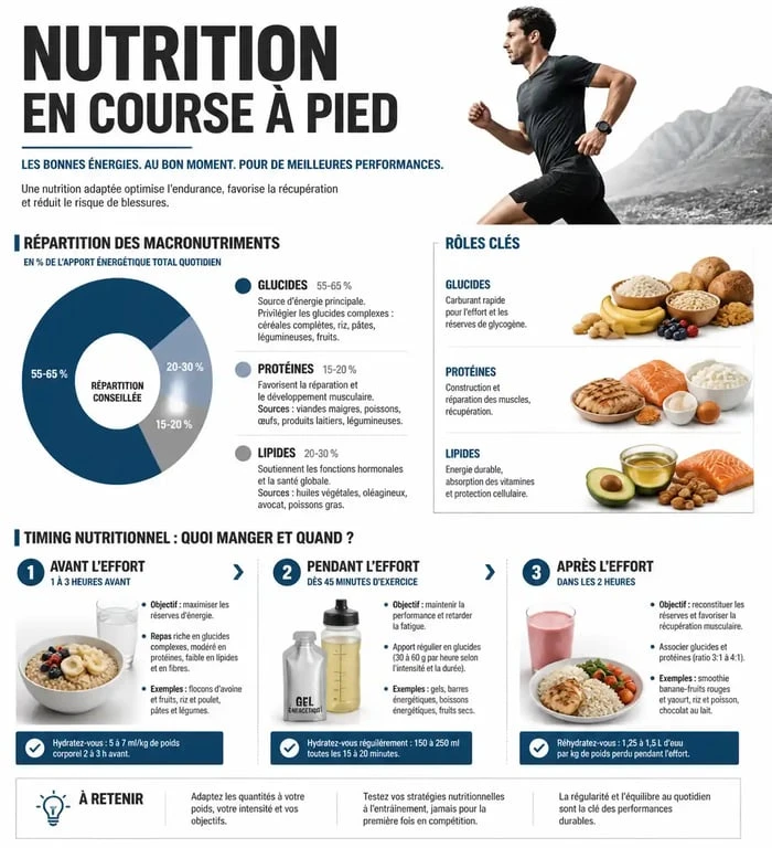 Infographie sur l'alimentation en course à pied : répartition des nutriments et timing pour la performance.