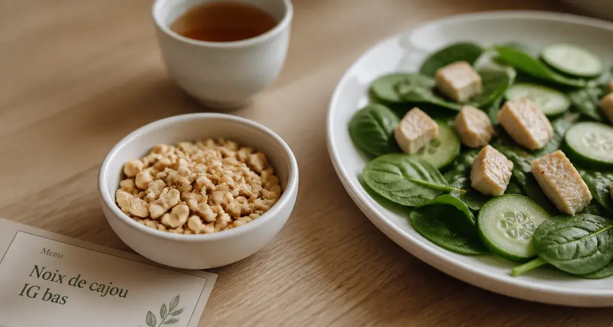 Noix de cajou et diabete : bol de noix avec salade