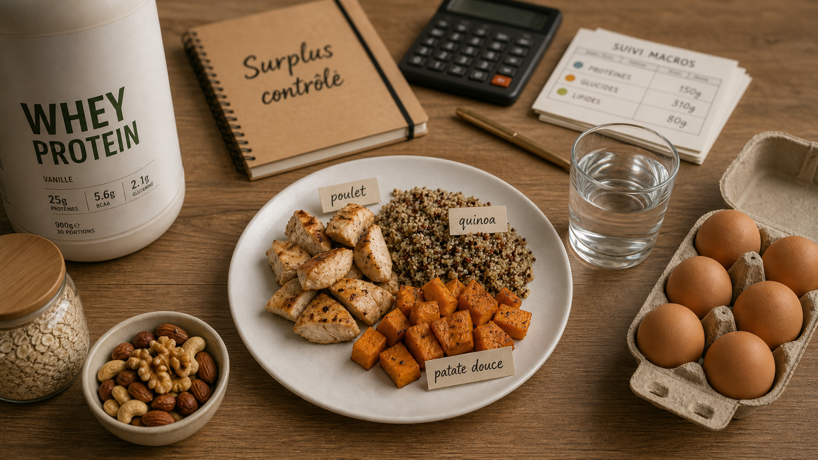 Prise de masse musculaire aliments et surplus calorique, repas étiquetés