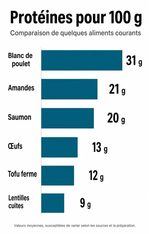 Infographie comparant la teneur en protéines par aliment pour 100g