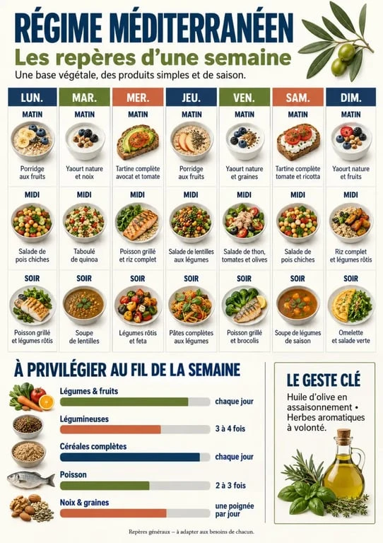 Menu type régime méditerranéen sur 7 jours avec légumes, légumineuses, céréales complètes et poisson