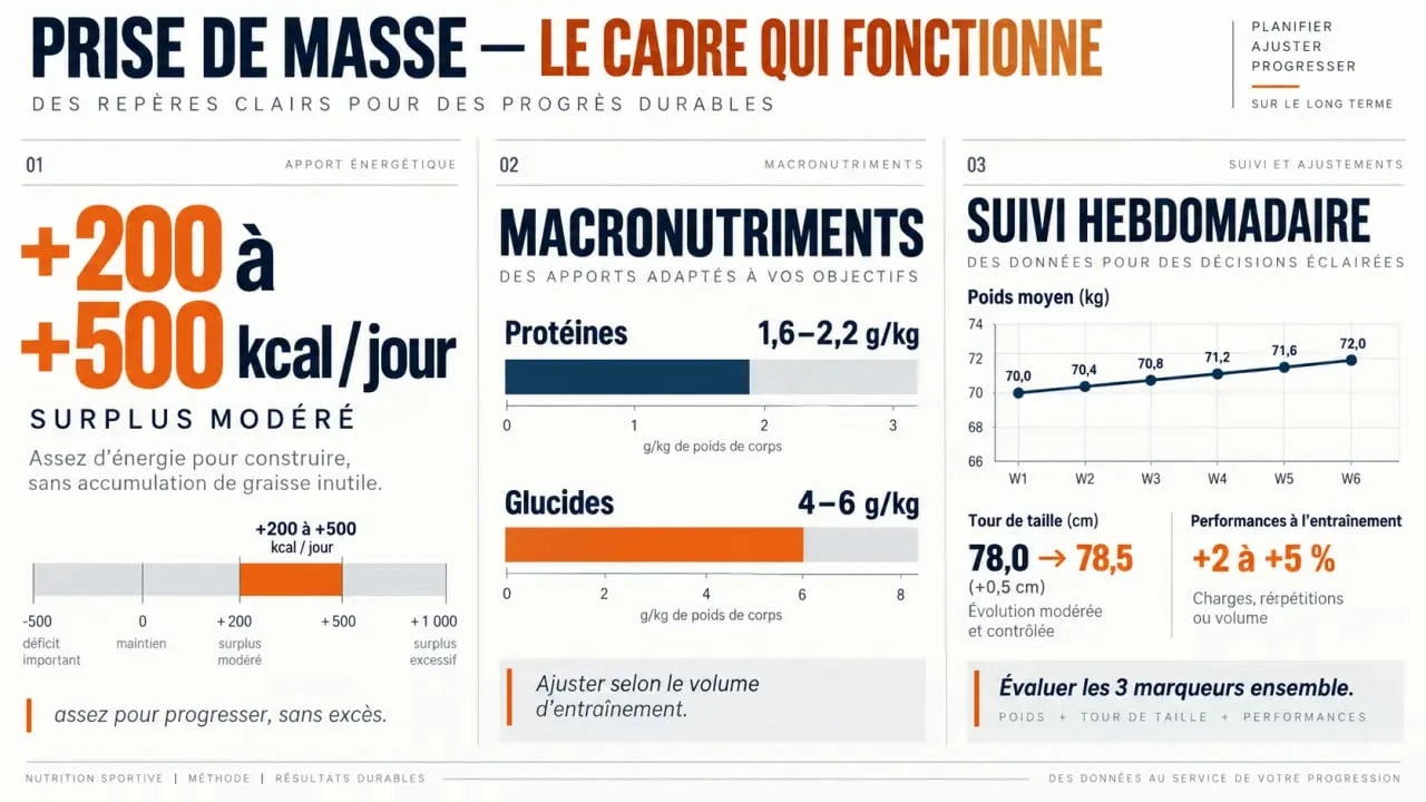 Régime de prise de masse : surplus calorique, macronutriments et suivi de la progression