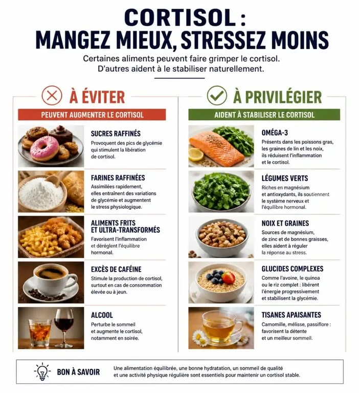 Tableau comparatif des aliments à éviter et à privilégier pour le cortisol