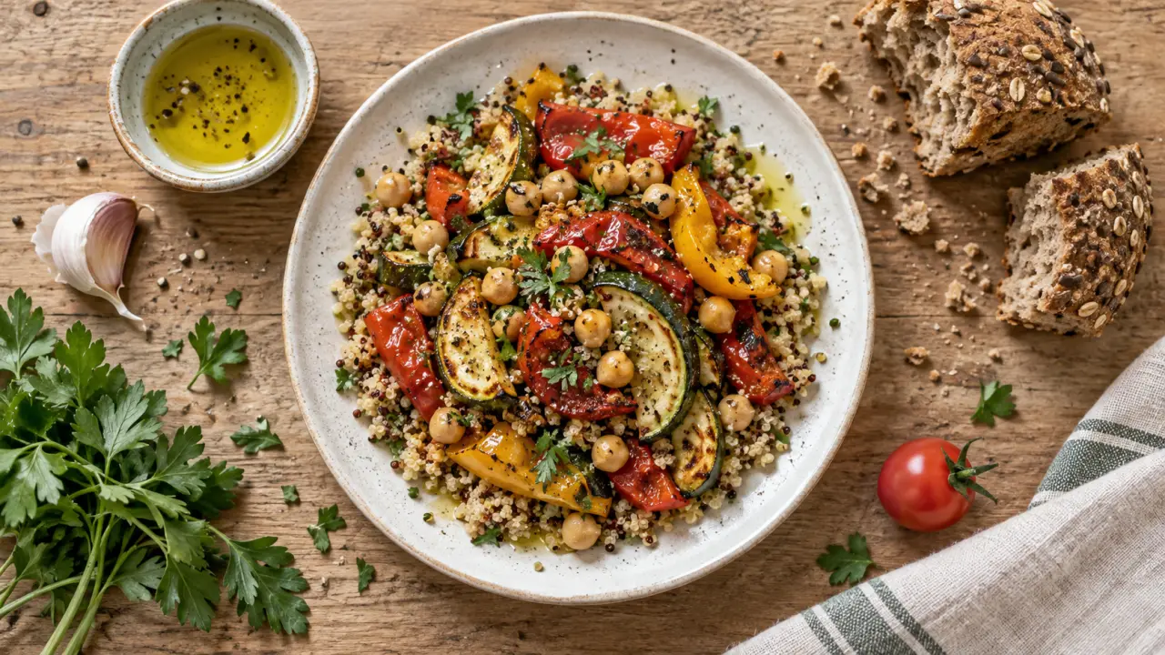 Menu type regime mediterraneen : légumes rôtis, pois chiches, quinoa